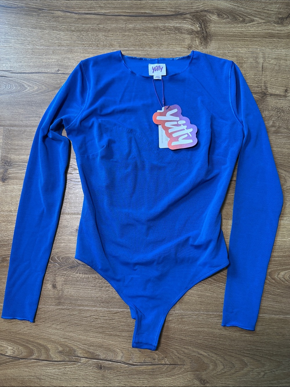 YITTY Cobalt Blue Long-Sleeve Mesh Thong Bodysuit Small NWT